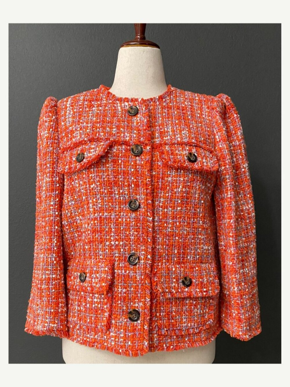 Ann Taylor Orange Tweed Fringe Jacket Size 10